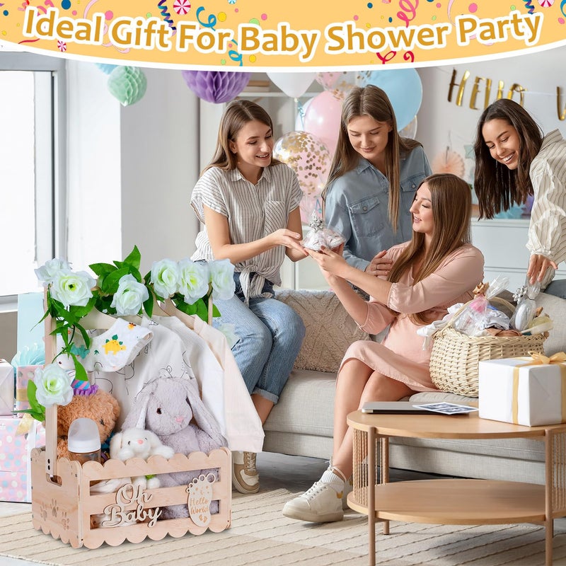 efluky Wooden Baby Shower Crate Closet with Handle,Storage Basket,Baby Clothes Hangers, Newborn Boy Girl Welcome Gift Basket - Image 2